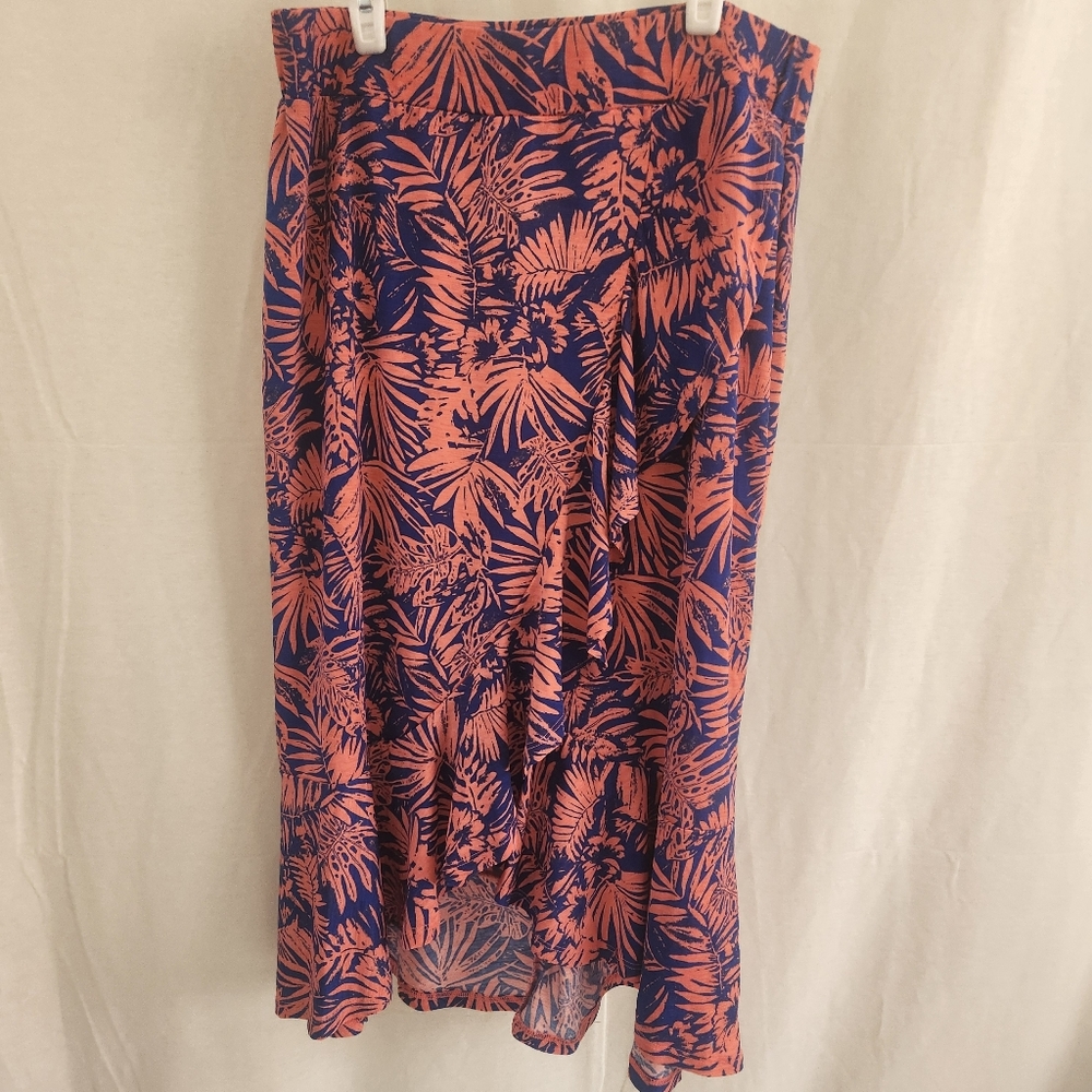 Amana Tropical Print Midi Skirt in Coral and Navy